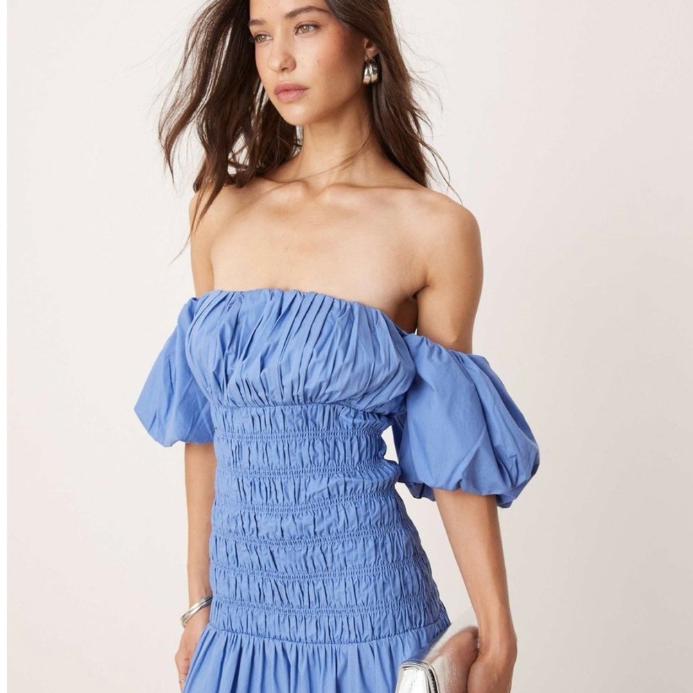 Abercrombie & Fitch Blue Off-Shoulder Smocked Maxi Dress M Tall - Picture 4 of 7